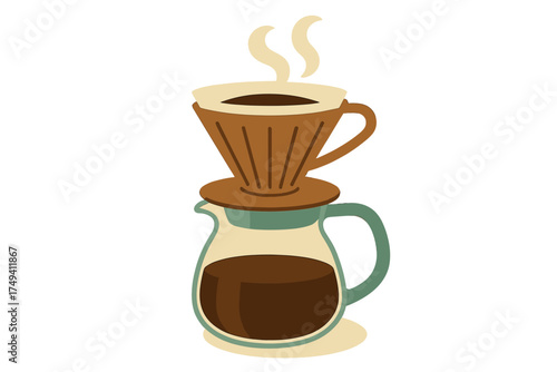Traditional pour-over coffee brewing method with hot beverage dripping into glass carafe