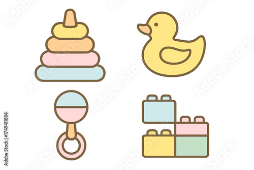 Classic baby toys collection with stacking rings, rubber duck, rattle, and building blocks in pastel colors
