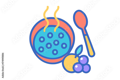 Colorful flat design showing a steaming bowl of hot food, spoon, and fresh fruit