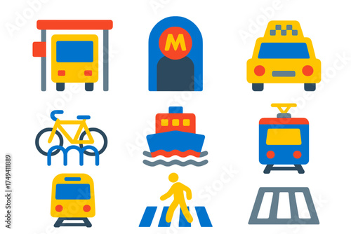 Colorful public transportation and urban travel symbols for city navigation