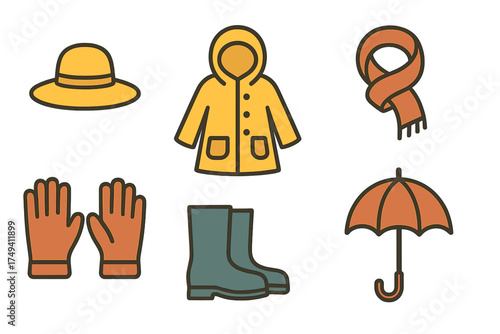 Collection of seasonal wardrobe items including raincoat, umbrella, rubber boots, and gloves