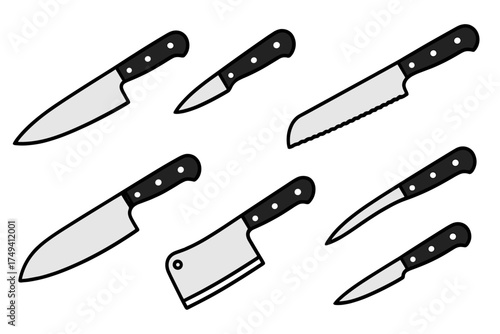 Essential kitchen knives set including chef's knife, cleaver, and serrated bread knife