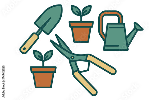 Essential gardening tools set with trowel, shears, watering can, and potted sprouts