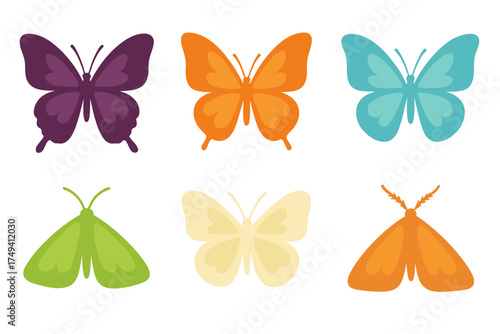 Collection of six vibrant stylized butterflies and moths isolated on white