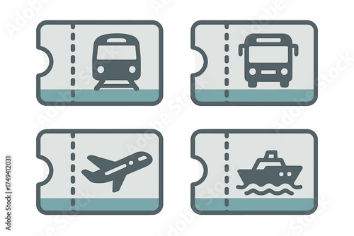 Set of travel tickets for public transportation modes: train, bus, airplane, and ship cruise