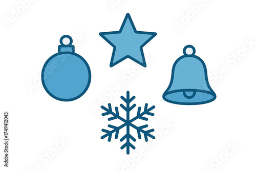 Set of festive blue holiday symbols featuring a hanging ornament, star shape, ringing bell, and detailed snowflake