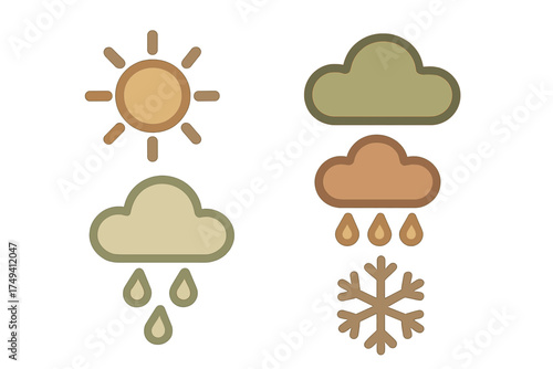 Basic meteorological symbols showing sunny, overcast, rainy, and snowy forecast conditions