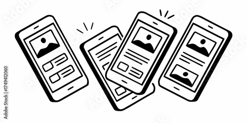 Illustration of four smartphones displaying user interface elements with images and text in black and white on transparent background