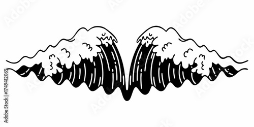 Symmetrical design featuring stylized waves and water cascades in a black and white illustration on transparent background