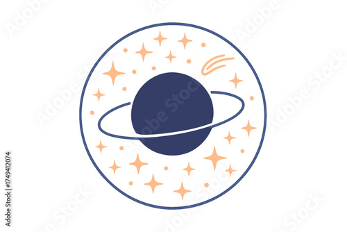 Stylized celestial badge with a ringed planet, sparkling stars, and a shooting comet