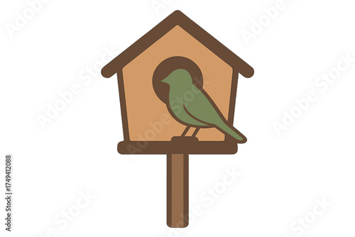 Small green bird perched on a simple wooden birdhouse entrance platform