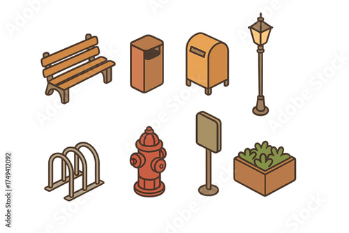 Isometric collection of essential urban and park infrastructure elements like bench, hydrant, lamp, and mailbox