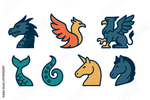 Legendary animal symbols featuring a dragon head, phoenix, griffin, unicorn, and sea creature parts