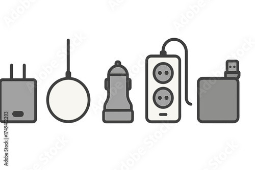 Collection of electronic charging devices including wall adapter, wireless pad, car charger, and power strip