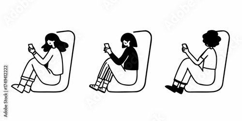 Three people sitting in chairs looking at their phones depicted in a black and white illustration on transparent background
