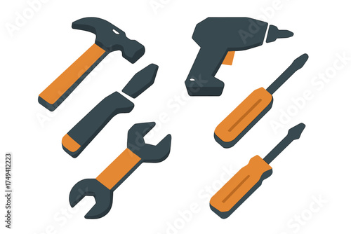 Essential construction and repair tools set including hammer wrench drill and screwdrivers