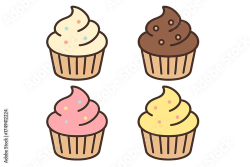Four sweet cupcakes with colorful frosting, decorative sprinkles, and various flavors