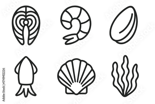 Outline icons of various seafood: salmon steak, shrimp, squid, scallop, mussel, and seaweed
