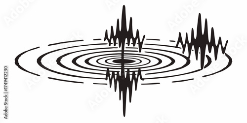 Black and white illustration of concentric circles with reflected sound waves above and below the center on transparent background