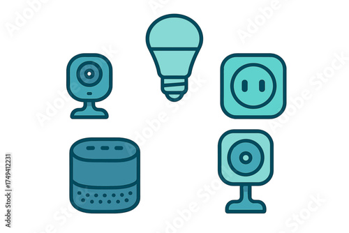 Set of smart home technology icons including security camera light bulb speaker and power outlet