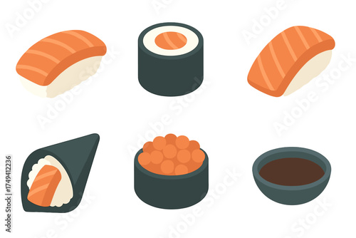 Collection of traditional Japanese sushi pieces including salmon nigiri maki roll and fish roe gunkan