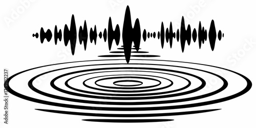 Black and white image showing sound wave above concentric circles representing ripples in a liquid surface on transparent background