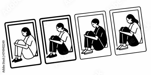 Four frames showing individuals in a fetal position expressing feelings of isolation and confinement in boxes on transparent background