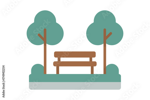 Wooden park bench situated between two stylized green trees in a peaceful public park setting