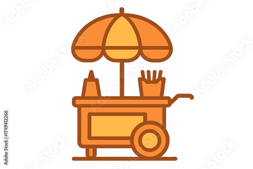 Detailed street food cart with umbrella serving french fries, ketchup, and mustard condiments