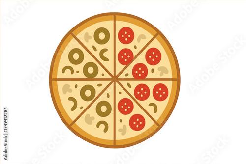 Whole round pizza cut into eight slices with pepperoni, olives, and mushroom toppings on white background