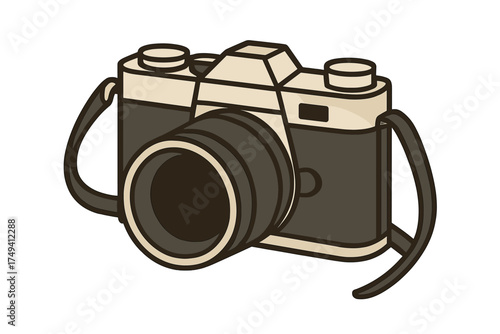 Classic analog film camera with large lens and neck strap in retro colors