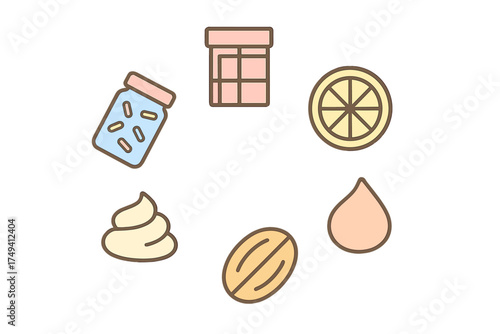 Collection of wellness and natural remedy symbols featuring medication, citrus, and essential oil