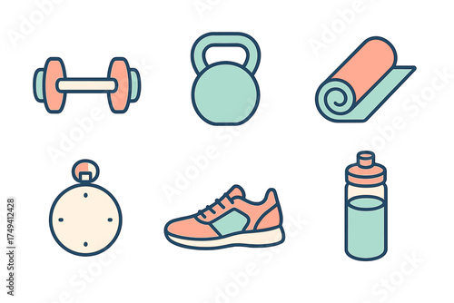 Essential gym and workout equipment including weights, mat, shoe, and water bottle