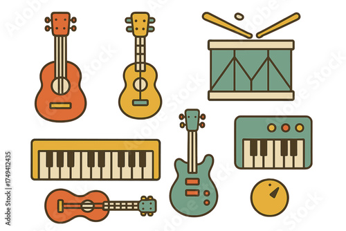 Retro style set of musical instruments including acoustic and electric guitars, keyboard, drum, and synthesizer icons