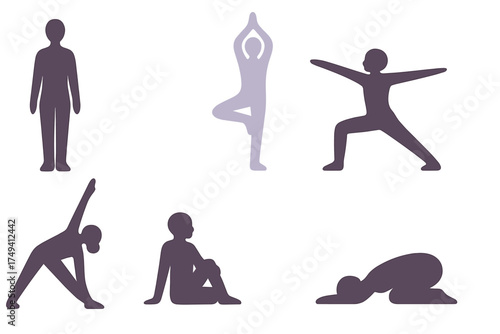 Simple monochromatic human silhouettes performing diverse yoga and fitness poses