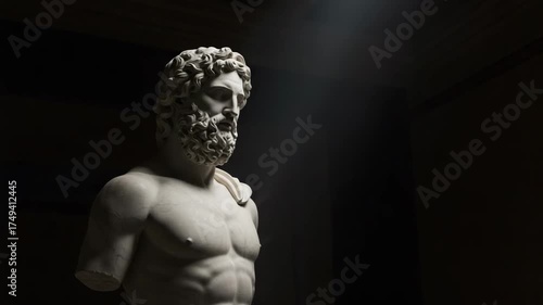 Marble statue of Zeus illuminated by dramatic light in museum  