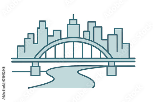 Metropolitan cityscape skyline with skyscrapers and a bridge spanning a curving river
