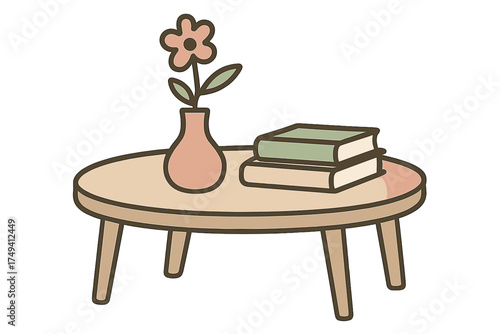 Minimalist round coffee table with a flower in a vase and two stacked books