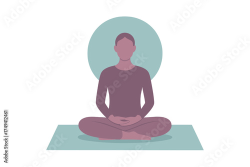 Peaceful person sitting cross-legged in a meditative pose on a mat against a circular background