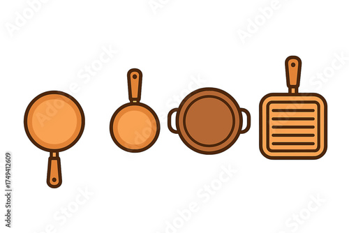 Various kitchen cookware items including frying pans, skillet, and grill pan