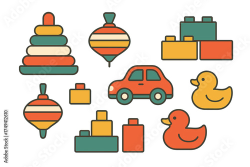 Colorful retro children's toys seamless pattern featuring stacking rings spinning tops and blocks