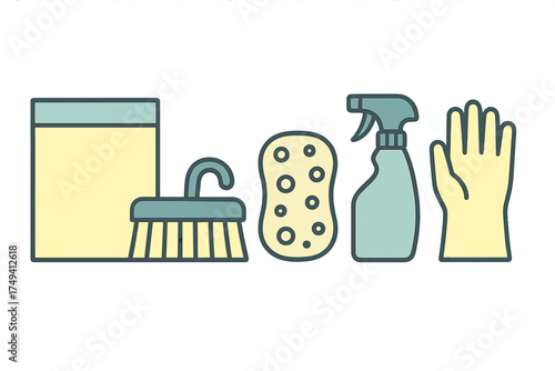 Essential household cleaning supplies set including brush sponge spray bottle and protective glove