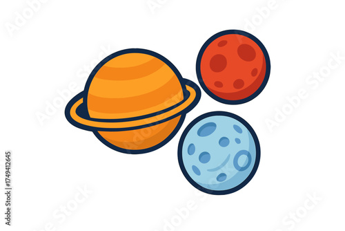 Vibrant collection of celestial bodies featuring Saturn, Mars, and a cratered moon