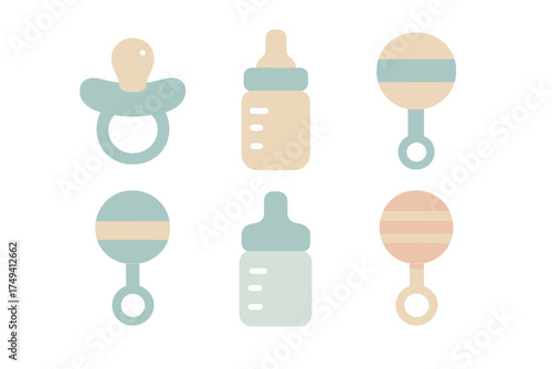 Newborn baby care set with pacifiers, milk bottles, and rattles in gentle beige and blue colors