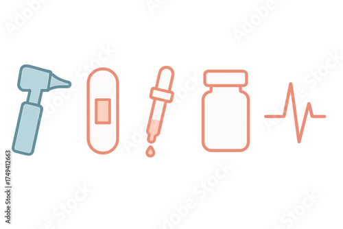 Set of medical icons including otoscope, bandage, dropper, vial, and heartbeat line