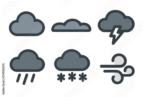 Simple collection of weather forecast icons featuring rain, snow, wind, and thunderstorm symbols