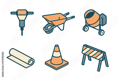 Construction tools and equipment including jackhammer wheelbarrow cement mixer and traffic cone