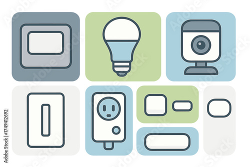 Modern set of smart home automation icons featuring light bulb, security camera, and wall controls