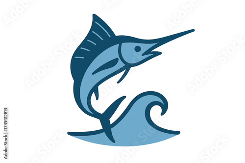 Dynamic stylized blue marlin fish leaping over a cresting ocean wave in two-tone graphic style