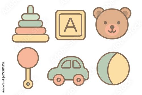 Pastel colored set of essential baby and toddler playthings including a rattle, building block, and ball
